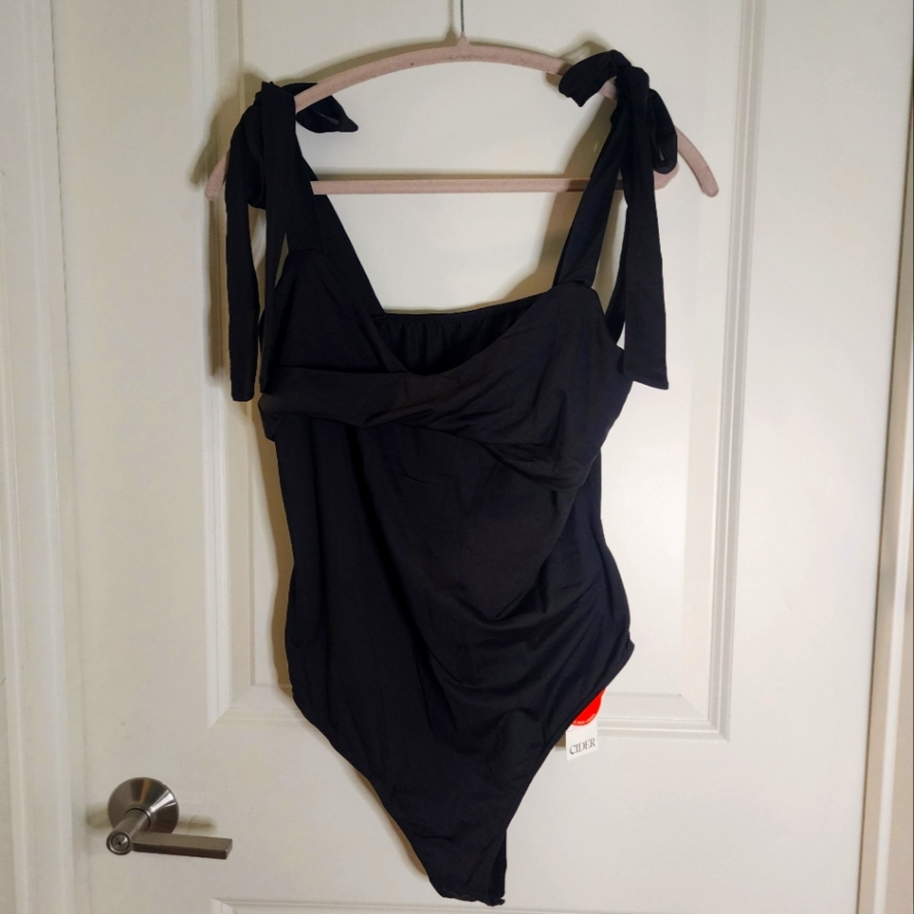 Cider Black One-Piece Swimsuit with Tie Straps